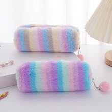 Gradient Color Cute Girl Plush Octagonal Pencil Case, Simple Student Stationery Storage Bag