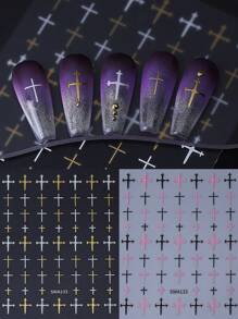 2pcs Gothic Style Nail Stickers, Minimalist Cross Design, Y2K Metallic Black White Pink Gold Color, 3D Self-Adhesive Nail Stickers, DIY Elegant Nail Decor, Women & Girls Nail Art Supplies - Multicolor - View 4
