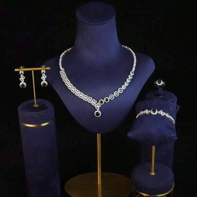 Set de 5 piezas de joyas de lujo para mujer, incluye collar con colgante de rubí, zafiro, esmeralda, pendientes, pulsera, anillo, baño de cobre en oro blanco con piedras de circonita cúbica artificial, adecuado para boda, vestido formal, estilo elegante de princesa