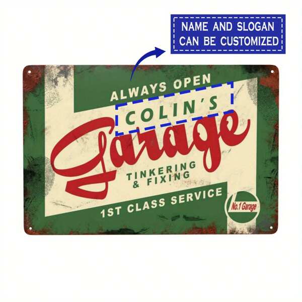 Cartel de metal vintage personalizable para garaje - Nombre y texto personalizados, decoración de pared retro para el hogar o el estudio, 8x12 pulgadas (20x30 cm), fondo verde desgastado, letras rojas y blancas, plano 2D, excelente para decoración de habitaciones