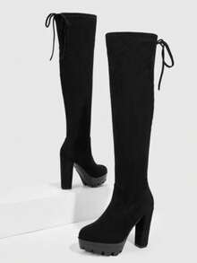 Women's Black Over-The-Knee Boots | Synthetic Suede | 10cm Thick Heel With Lace-Up | High Shaft Skin Style – 34 To 40 - 黑色 - 查看 5