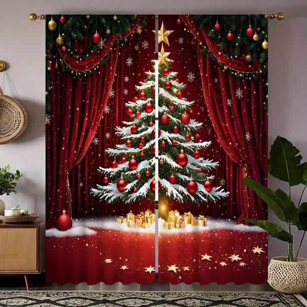 2 piezas Cortinas navideñas con estampado de árbol de Navidad rojo - Decoración navideña elegante con copos de nieve, estrellas doradas y adornos, diseño de bolsillo para vara para sala de estar o dormitorio, de microfibra de poliéster lavable a máquina, Cortinas navideñas