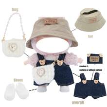 Fischerhut und Latzhose Set, für LABUBU, kombiniert mit gestrickter Perlen Handtasche und Schuhen, modische Accessoires und Zubehör (ohne Plüschpuppe, nur Kleidung und Accessoires)