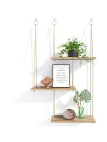 3-Tier Woven Macrame Wall Hanging With Wooden Floating Shelf, Boho Style Home Decor For Bedroom And Living Room - 1set - View 4
