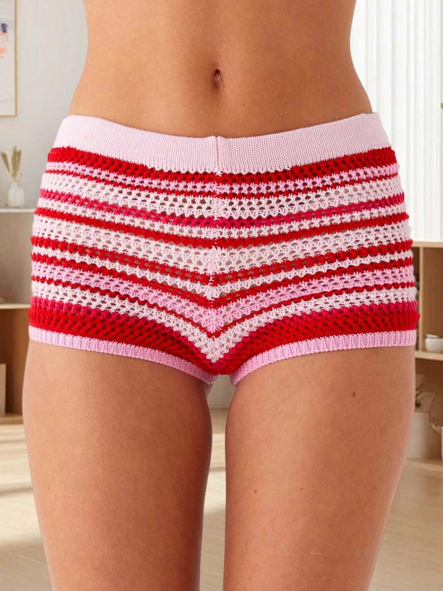 Women's Y2K Striped Crochet Knit Shorts Rainbow Color Block Elastic Waisted Comfy Lounge Mini Shorts - 紅色 - 查看 1