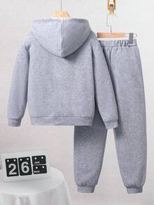 Tween Boy Letter Print Warm Hoodie And Sweatpants Set