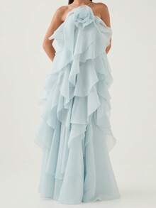 Women Summer Sleeveless Dress 3D Flowers Irregular Ruffles Backless Party Dress For Vacation Cocktail Beach Streetwear - 藍色 - 查看 4