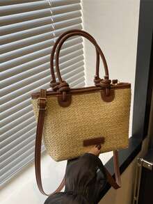 Bolso de paja tejida y bolso de hombro de estilo de playa de vacaciones 2025, elegante bolso de cesta con nudo de cuerda - Marrón - Ver 9