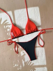 2pcs/Set Women Leopard Print Spaghetti Strap Tie Sexy Bikini Set, Suitable For Beach Vacation And Halloween Wear, Summer 2025 - Black and Red Brocade - View 3