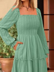PRETTYGARDEN Women Elegant  Maxi Dresses For Fall Boho Long Sleeve Smocked A Line Ruffle  Wedding Guest Holiday Party Long Dress With Pockets New Years Valentine Vacation Spring Dresses For Women Vestidos Elegantes De Mujer - 灰綠色 - 查看 9