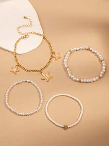 4قطع/مجموعة قلادة شكل نجمة البحر من خرز اللؤلؤ الأبيض، سوار للقدم متعدد الطبقات أنيق للنساء، مجوهرات قدم مناسبة للاستخدام اليومي والرحلات