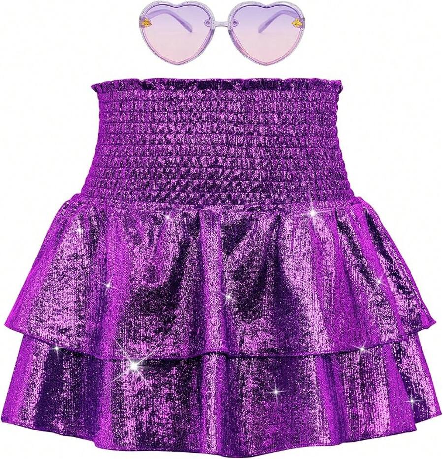 Metallic Sequin Sparkly Skirts 2-Layer Ruffle Skirts With Sunglasses Elastic High Waist -Dance - 紫色 - 查看 1