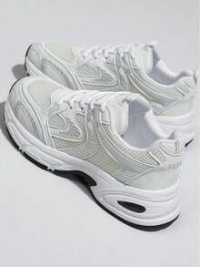New Women Casual Sneakers, Chunky Sneakers, Shoes, White Shoes, Lace-Up Round Toe Mixed Material Breathable Versatile Printed Graffiti College Style Student Outdoor Hiking Casual Commuting Shoes - 米色 - 查看 6