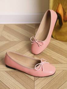 European & American Fashion Solid Color Ballet Bowknot Flat Shoes, Outdoor Spring/Autumn Ladies Flat Slip-On Soft Leather Soft Sole Shoes