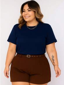 BASIC CREW NECK PLUS SIZE BLOUSE - 藏蓝色 - 查看 1