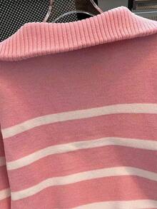 秋冬新款拉链女条纹针织毛衣，时尚简约套头衫，百搭 - 粉色 - 查看 5