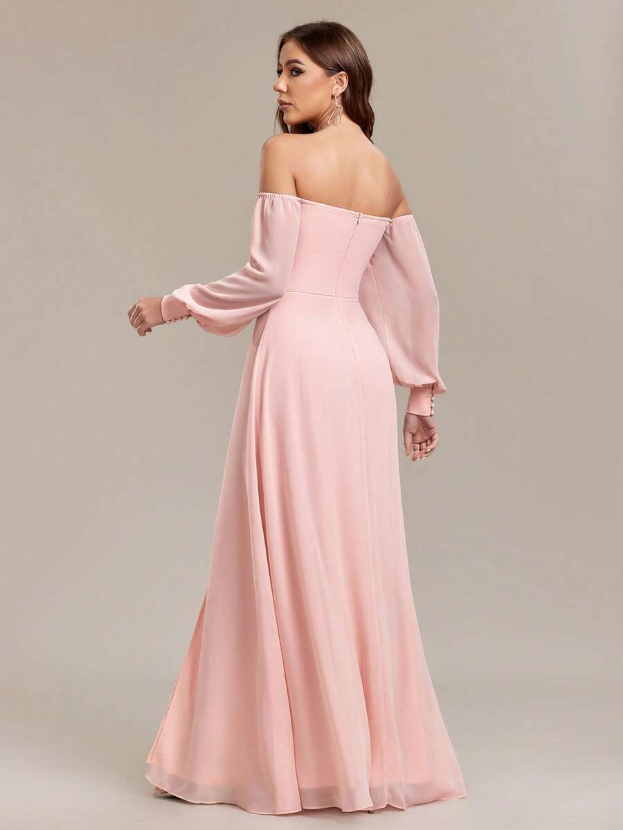 Women's Off Shoulder High Slit Thighs Chiffon A-Line Bridesmaid Dresses,Prom Gown, Wedding Guest Dress For Wedding, For Graduation, Dinner
