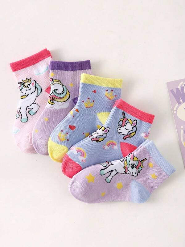 5 paires de chaussettes colorées pour enfants/filles avec motifs de couronne, lettre, lune, licorne. Chaussettes souples, respirantes et mode, convenant à la vie quotidienne, aux vacances, aux voyages, à la rentrée scolaire, au campus, aux sports, à la nouvelle session, aux étudiants, à la saison de la rentrée scolaire