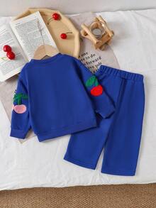 2 件女婴休闲可爱长袖运动衫 + 裤子套装，春秋 - 藍色 - 查看 2