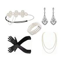 5 قطع مجموعة إكسسوارات غاتسبي من عام 1920 للنساء، شريط رأس فلابر، قلادة، قفازات، سوار، للاستخدام في مناسبات هالوين