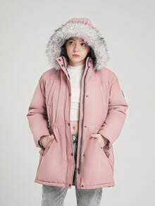SOLOCOTE 女童加厚连帽长袖拉链羽绒服，适合冬季圣诞派对，加厚派克大衣 - 粉色 - 查看 3
