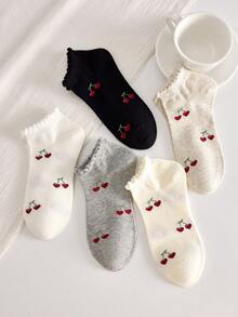 4 Pairs Of Women's Sweet Cute Cherry Pattern Simple Short Socks Ankle Socks Crew Ruffle Edged Socks, Christmas Gift, Girls Socks, Fashion Ins Style Comfortable White Socks In Random Colors, Suitable For All Seasons, For Summer&Fall&Winter