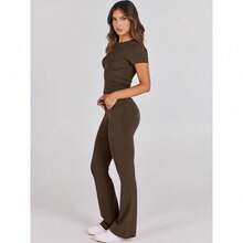 Lounge Sets For Women 2 Piece Foldover Yoga Flare Leggings Pants Crop Tops Casual Y2K Outfits Matching Tracksuit Set/Vacation Outfits Women - 深咖啡 - 查看 2
