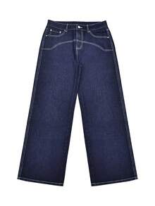 大码男士拼接直筒宽松休闲牛仔裤 - 深色水洗藍 - 查看 4