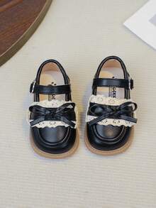 1 Pair Black Bow Cute Fashionable Pearl Design Soft Bottom Non-Slip Flat Infant Toddler Shoes, Suitable For Spring, Summer, Autumn, Winter (Size 16-20, Recommend Ordering One Size Down)