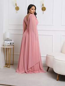 Party Dress Without Shine With Cape Detail Braid Guest Bridesmaid Wedding Mother - 乾枯玫瑰色 - 查看 2