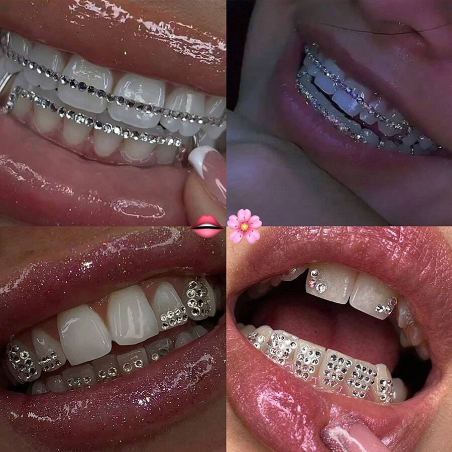 66pcs White Butterfly & Colorful Rhinestone Teeth Jewelry Set, Cute Y2K Sparkling Crystal Tooth Decor, Suitable For Daily, Party, Holiday, Unisex