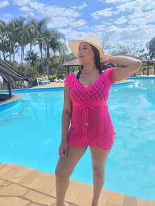 Saída de praia tricot manga curta fenda lateral modelagem ajustável na cintura decote v moda verao  Simples    Férias  Praia - Pink - Visão 2
