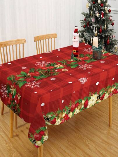 1Pc Christmas Tablecloth, Disposable 220*130cm PE Red Plaid Table Cover With Christmas Ball, Red Flower, Snowflake, Pinecone Design, Merry Christmas Atmospheric Table Cover, Merry Christmas Decoration, Xmas Decor, Christmas Decorations For Home, Christmas Ornaments, Kitchen Supplies, Holiday Desktop Decoration, Tabletop Decor, Home Decor