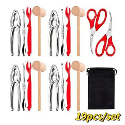 19Pcs Seafood Tool Set - Includes 4 Lobster Crab Mallets, 4 Crab Crackers, 4 Lobster Shellers, 4 Crab Leg Forks/Picks, 2 Seafood Scissors & Storage Bag