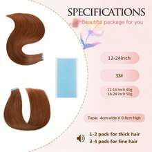 Tape In Hair Extensions Color #33 Dark Auburn 16-26Inch 50 Gram Remy Human Hair Extensions Sided Seamless Skin Weft Soft Silky Straight Remy Hair For Fashion Women 20 Pcs/Package - S33 - 查看 3