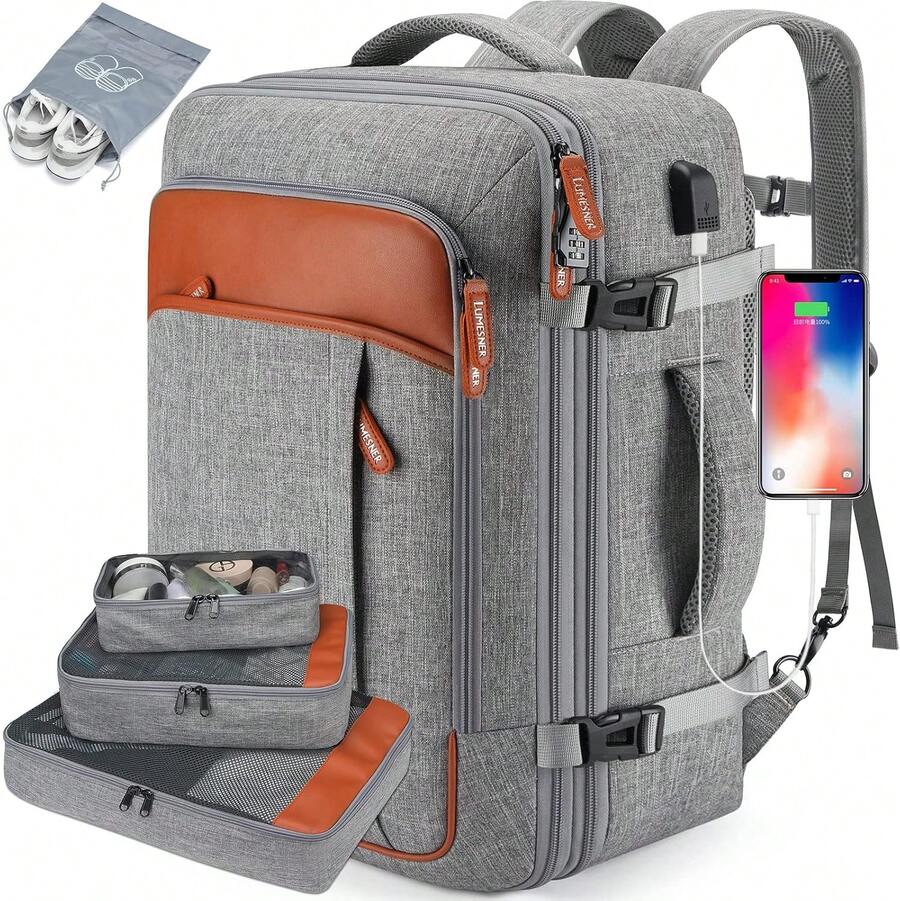 Lumesner Carry On Travel Backpacks, Extra Large 40L Flight Approved For Men & Women,Expandable Suitcase Backpack (Grey (Backpack With 4 Packing Cubes)) - 黑色(附 4 個收納袋的背包) - 查看 1