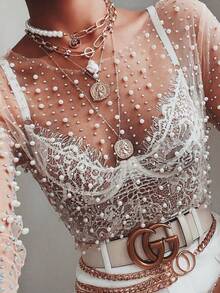 Women See Sheer Sparkle Pearl Rhinestone Studded Top Round Neck Long Sleeves See Through Mesh Blouse For Wedding Guests - Coffee - 查看 3