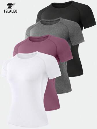 TELALEO 4 Paquetes de Camisas de Compresión para Mujer Camisetas Atléticas para Correr Tops para Hacer Ejercicio Capa Base de Manga Corta Yoga Gimnasio Equipo Deportivo