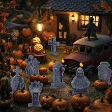 12 Pcs Miniature Tombstones Figurine Mini Resin Tombstones Gravestone Multiple Sizes Style For Mini House Graveyard Scene Diorama Crafts Halloween Decor Accessories, Gray - 灰色的 - 查看 8