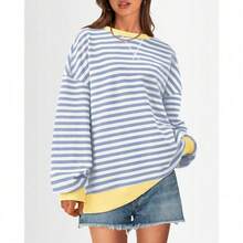 Womens Oversized Striped Sweatshirt Crewneck Long Sleeve Pullover Top Casual Y2K Spring Clothes 2026 Workout Shirt,Vacation Outfits Women,Valentine Outfits For Women,Street Photography - Xanh be trắng - Xem 3