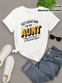 Women's 'Not Mine, I'm Auntie' Pattern T-Shirt - Short Sleeve Round Neck Casual Top, Geometric Print, Medium Elasticity, Machine Washable, All-Season Comfortable Fit, Women's Short Sleeve Shirt, Easy Summer Style, Fun Print, Non-See-Through Material - trắng - Xem 1