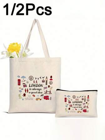 "I'd Rather Stay In London" Printed Tote Bag Set, Casual Zipper Cosmetic Bag, Women's Handbag, Reusable Shopping Bag, Foldable Large Capacity Casual Shopping Bag, Simple Bohemian Style Handbag, Suitable For Work, Travel, Shopping, Schoolbag, Large Capacity, Portable, Suitable For Girls, Female College Students, White-Collar Workers, Very Suitable For Work, Back To School, Junior High School, High School, University, Vacation , Bohemian Outfit For Women