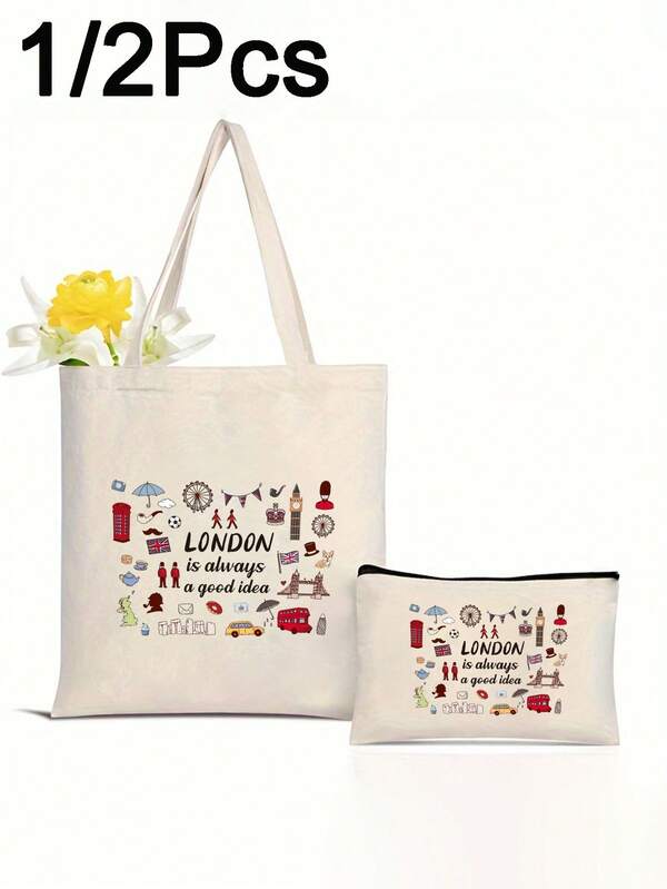 "I'd Rather Stay In London" Printed Tote Bag Set, Casual Zipper Cosmetic Bag, Women's Handbag, Reusable Shopping Bag, Foldable Large Capacity Casual Shopping Bag, Simple Bohemian Style Handbag, Suitable For Work, Travel, Shopping, Schoolbag, Large Capacity, Portable, Suitable For Girls, Female College Students, White-Collar Workers, Very Suitable For Work, Back To School, Junior High School, High School, University, Vacation , Bohemian Outfit For Women