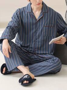 男士纯棉睡衣套装（两件套），长袖上衣和长裤，透气吸湿，春秋季/秋冬季服装