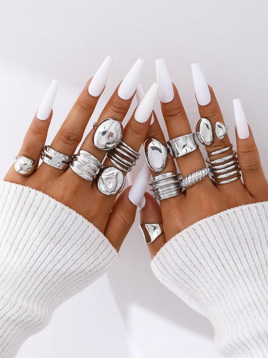 13Pcs/2pcs Punk Smooth Geometric Open Rings Set For Women Exaggerated Irregular Silver Color Thick Chunky Ring Hip Hop Jewelry Gifts - set2 - 查看 1