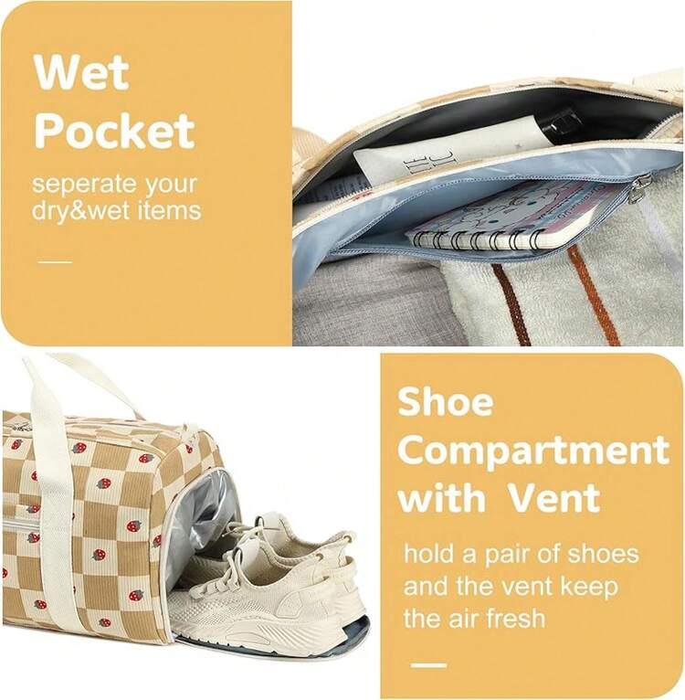 BLUBOON Bolsa de lona para niñas y niños, bonita bolsa de gimnasio con compartimento para zapatos y separación para objetos húmedos, impermeable, para deportes durante la noche - Fresa pana marrón blanca - Añade 4