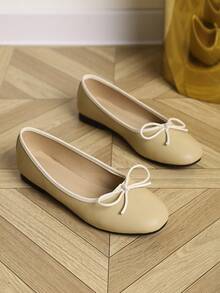 European & American Fashion Solid Color Ballet Bowknot Flat Shoes, Outdoor Spring/Autumn Ladies Flat Slip-On Soft Leather Soft Sole Shoes