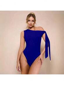 Women's Bodysuit With Tie Bow And Asymmetrical Neckline, Sleeveless, Ideal For Romantic Dates, Casual, Vacation And Summer - 寶藍色 - 查看 2