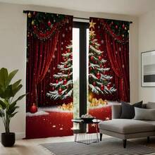2pcs Holiday Red Christmas Tree Print Curtains - Elegant Holiday Decor With Snowflakes, Golden Stars And Ornaments, Rod Pocket Design For Living Room Or Bedroom, Machine Washable Polyester Microfiber, Christmas Curtains  Christmas Decor  Christmas Decorations Christmas Decoration Home Decor Room Decor - Multicolor - View 3