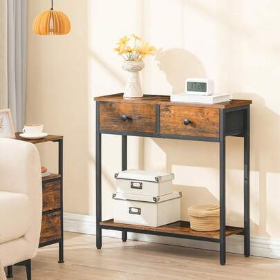 HOOBRO Slim Console Table, Narrow Console Table With 2 Non-Woven Drawers, Hallway Table With Storage, Small Side Table For Small Spaces, Living Room, Industrial, Rustic Brown And Black